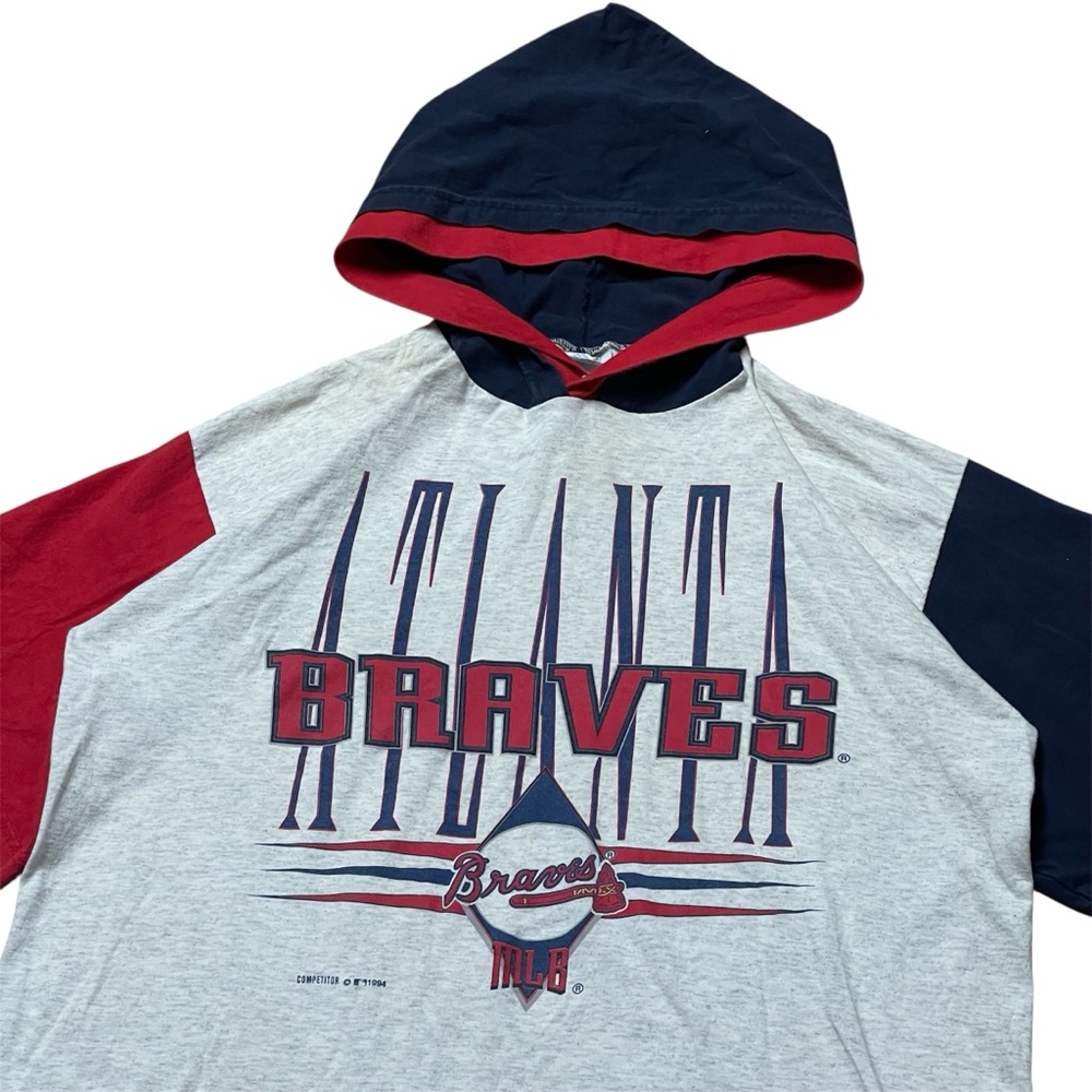 VTG 90’s Atlanta Braves Graphic Double Collard Hooded T-Shirt XL Competitor Tag